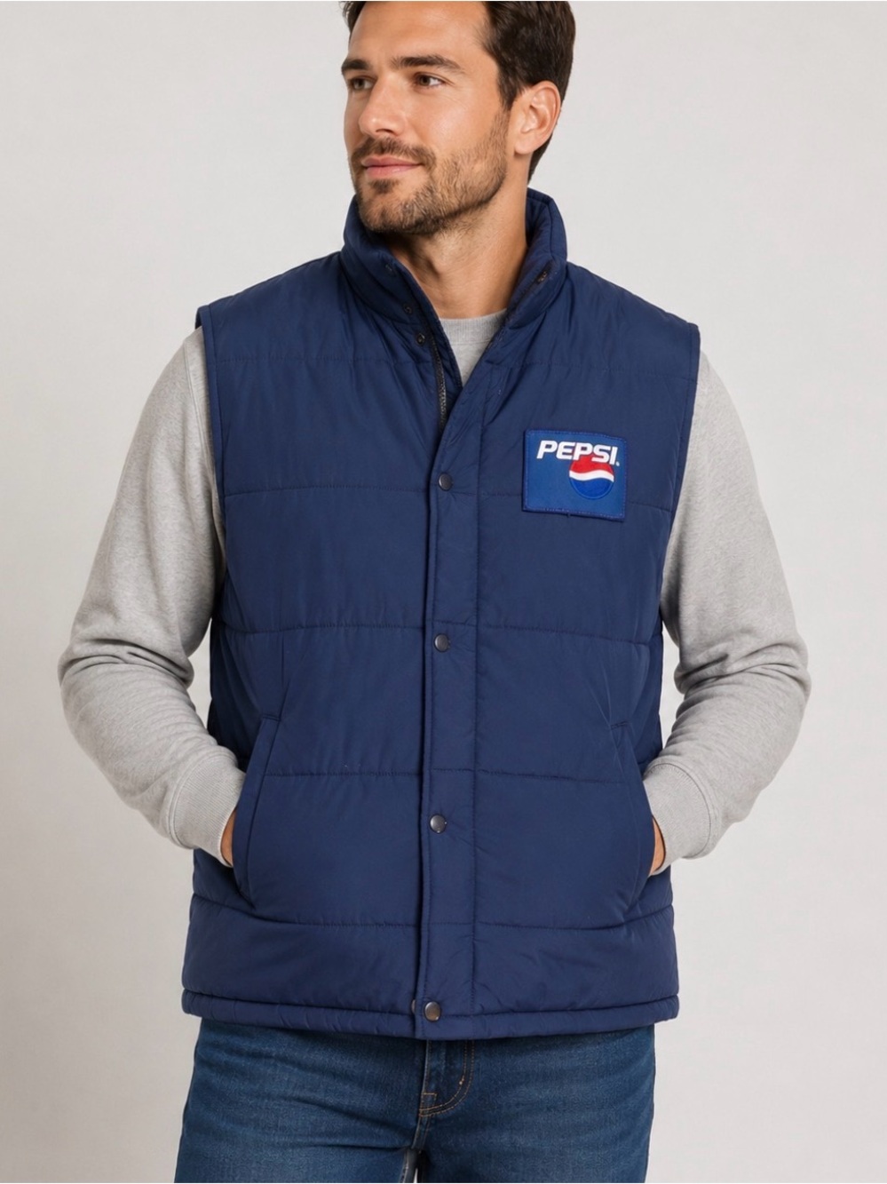Vintage Mens Pepsi Puffer Vest Navy Blue Embroidered Logo Patch Sz Xl